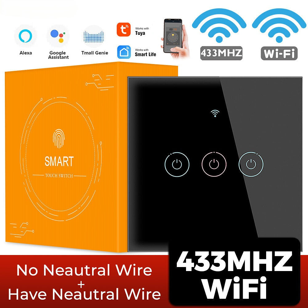 Smart Wifi Touch 433mhz Switch Light EU No Neutral Wire Required Remote Timing Control On Of for Alexa Google Home