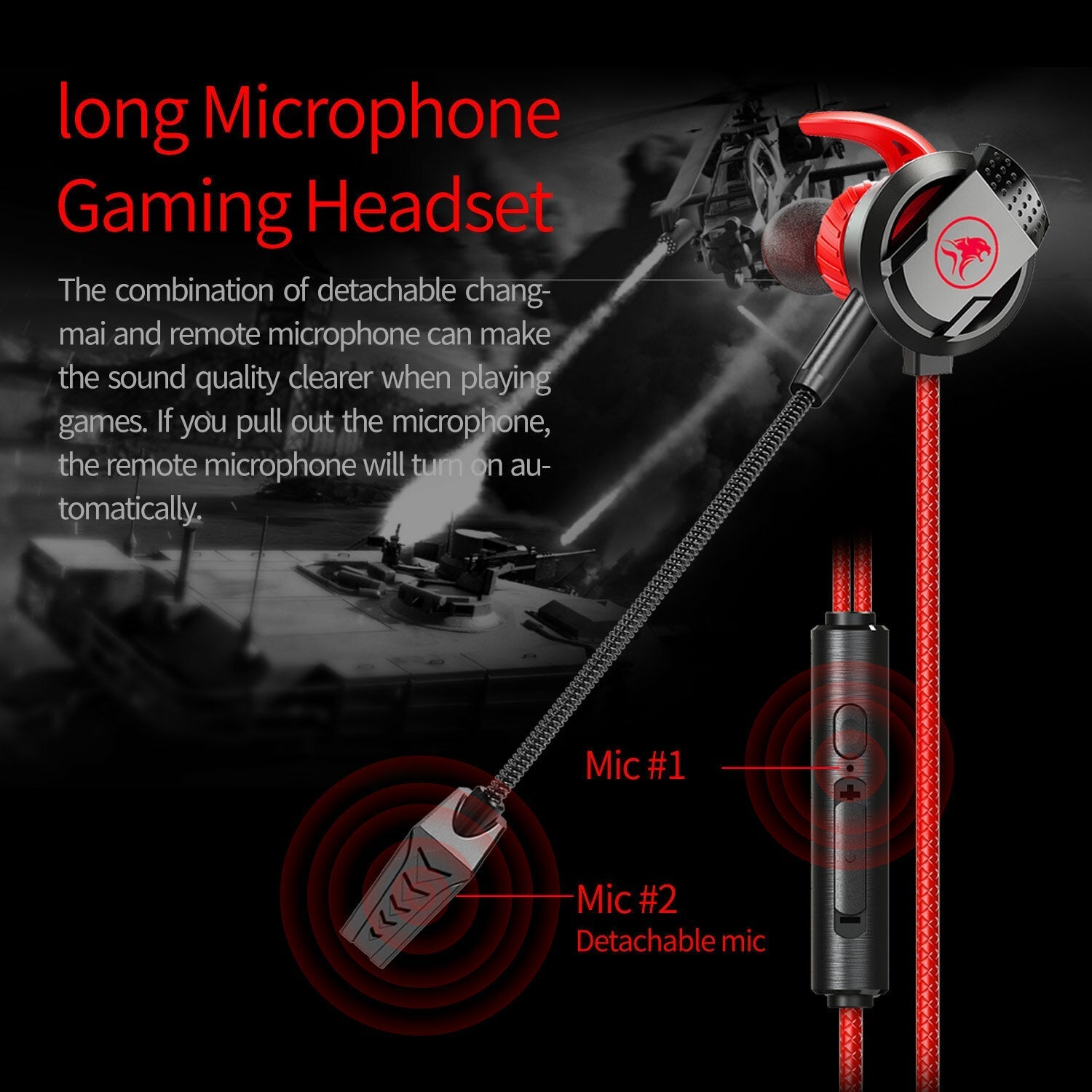In-Ear Gaming Headset Dual Microphone Super Bass Headphone Active Noise Reduction with Detachable HD Long-Microphone