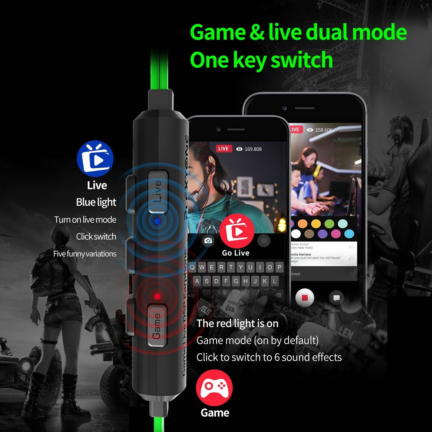 Game Live in-ear Wired Gaming Super Bass Earphones Microphone Built-in Game DSP Sound Card Type-c Plug