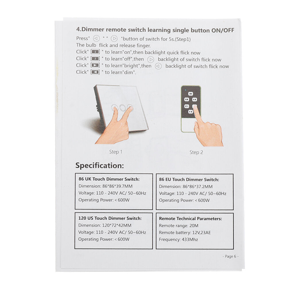 US Standard Ceiling Fan Switch 600W Speed Regulation Crystal Glass Panel AC 110~240V Home Wall Fan Switch