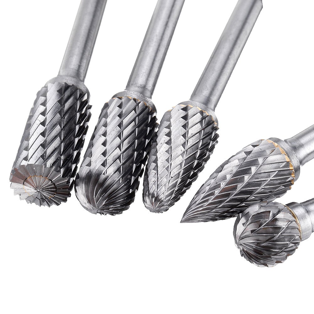 5Pcs 6x12mm Carbide Burr Set with 6mm Shank Double Cut Solid Carbide Rotary Burr Set for Die Grinder Drill Metal Wood Carving Engraving