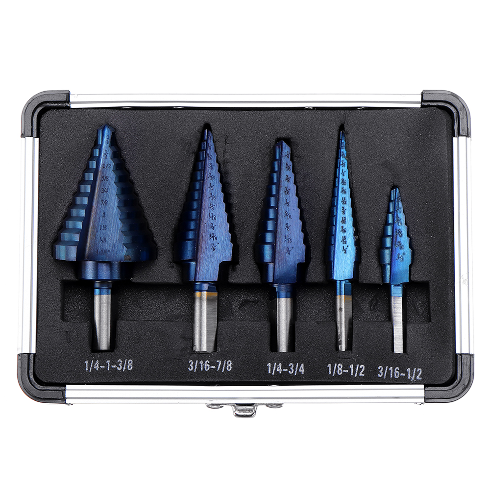 5pcs HSS Blue Nano Coating Step Drill Bit Set Multiple Hole 1/8 to 1-3/8 Inch 50 Sizes with Aluminum Case or Opp Bag
