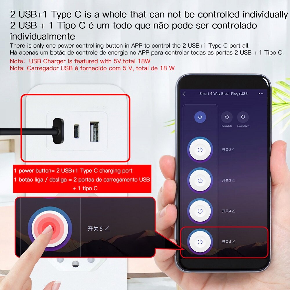 Smart Wifi Brazil Standard Socket 4 Outlets + 2 USB Charging Port + 1 Type-C App Remote Control Works with Alexa Google Home,110-240V