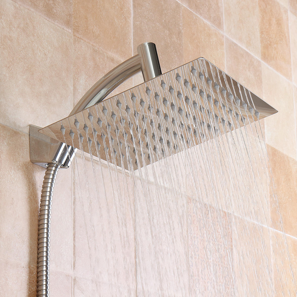 Square 8 Inch Rainfall Shower Head Extension with Arm Hose Kit Overhead