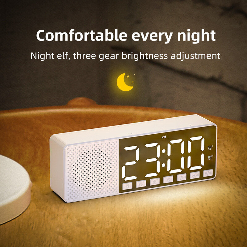 Bluetooth 5.0 Speaker Alarm Clock FM Radio Brightness Adjustable Multiple Play Modes LED Display 360 Surround Stereo Sound 2200mAh Battery Life