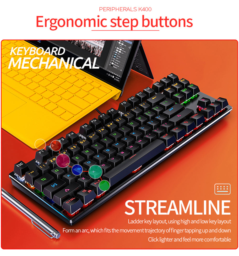 Mechanical Keyboard 87 Keys TKL Layout USB Wired Detachable Panel Blue/Black Switch Colorful Rainbow Backlit Gaming Keyboard for Laptop PC Gamer
