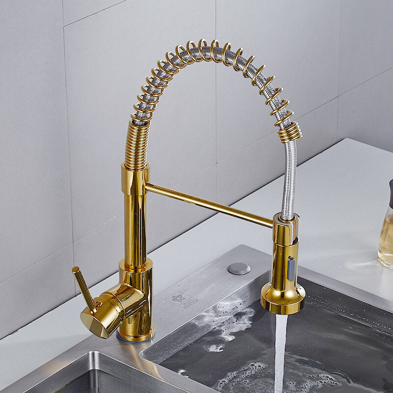 Luxury Gold Kitchen Sink Faucets Brass Single Lever Pull Out Spring Spout Mixers Tap Hot Cold Water Crane