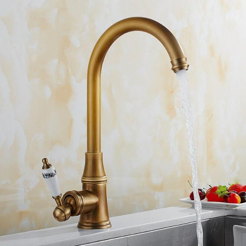 Retro Antique Brass Kitchen Sink Faucet Single Handle Rotation Spout Deck Cold and Hot Water Mixer Tap