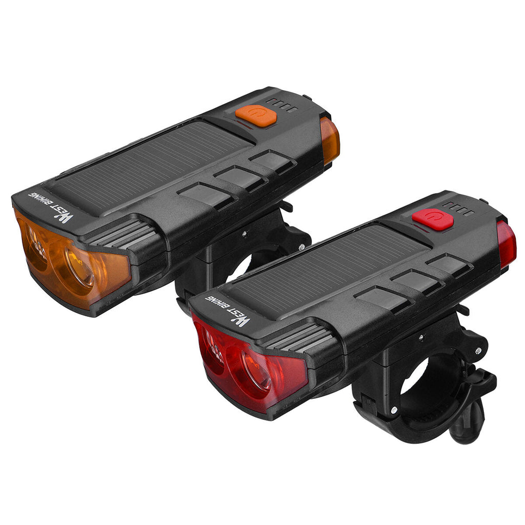 350LM 2xT6 LED Bike Headlight 5 Modes Bicycle Solar Front Light 6 Modes 120 dB Horn USB Rechargeable Waterproof Flashlight