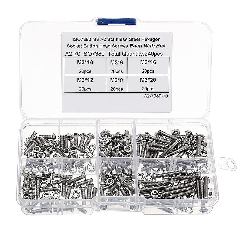 M3SH2 M3 Stainless Steel Hex Socket Button Head Cap Screw Bolts Nuts Assortment 240pcs