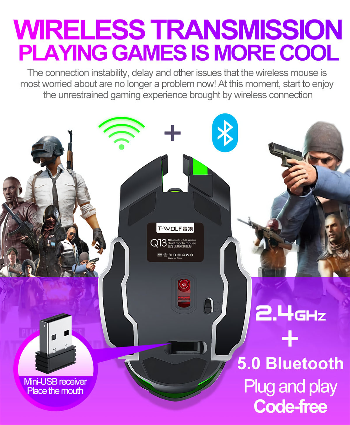 Wireless Rechargeable Mouse 2400DPI Bluetooth5.0+2.4G Dual Mode 4 Buttons Home Office Mouse with LED Backlit for Laptop PC Notebooks