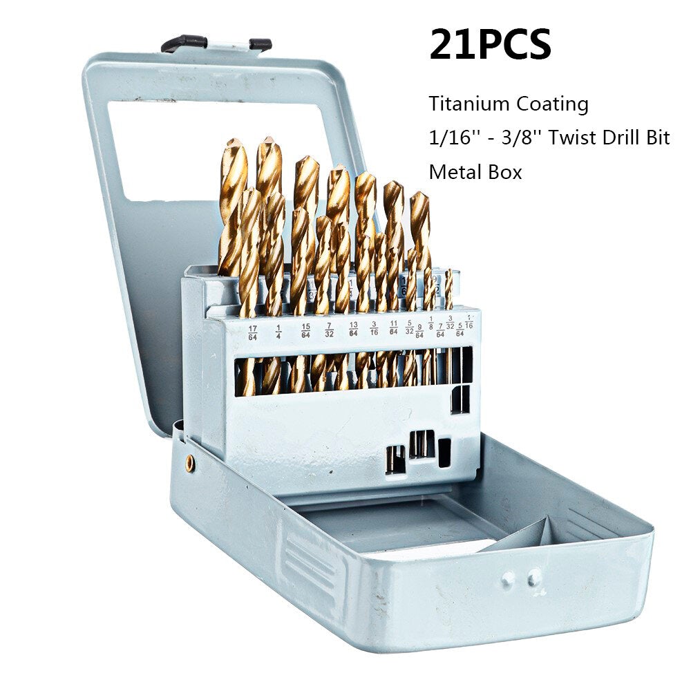 21/29/115 Pcs Titanium Coating Quick Change Twist Drill Set Individual HSS Drill Bits 1/16"-1/2" #60-#1 A-Z Round Shank Drill Set