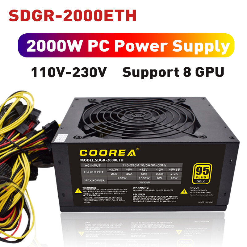 2000W PC Power Supply 110V-230V 95 PLUS Gold ATX Miner Bitcoin Power Supply Support 8 GPU Graphics Cards 4+4Pin CPU 24Pin SATA