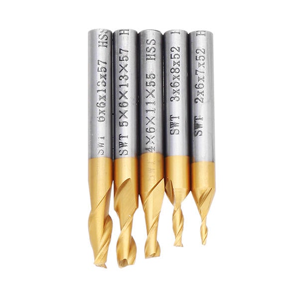 5pcs 2 Flute 2/3/4/5/6mm Milling Cutter HSS Titanium Coated 6mm Shank End Mill CNC Tool