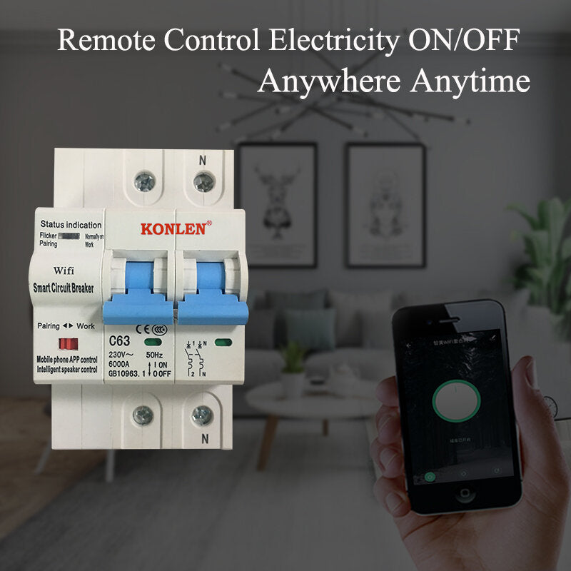 WIFI Smart 2P 63A 220V Circuit Breaker Electrical Energy Meter Power Air Switch Timer Works with Google Alexa