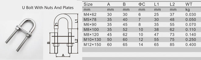304 Stainless Steel U Shaped Bolt Thread with Spacer Plate Hex Nut Marine Fastener
