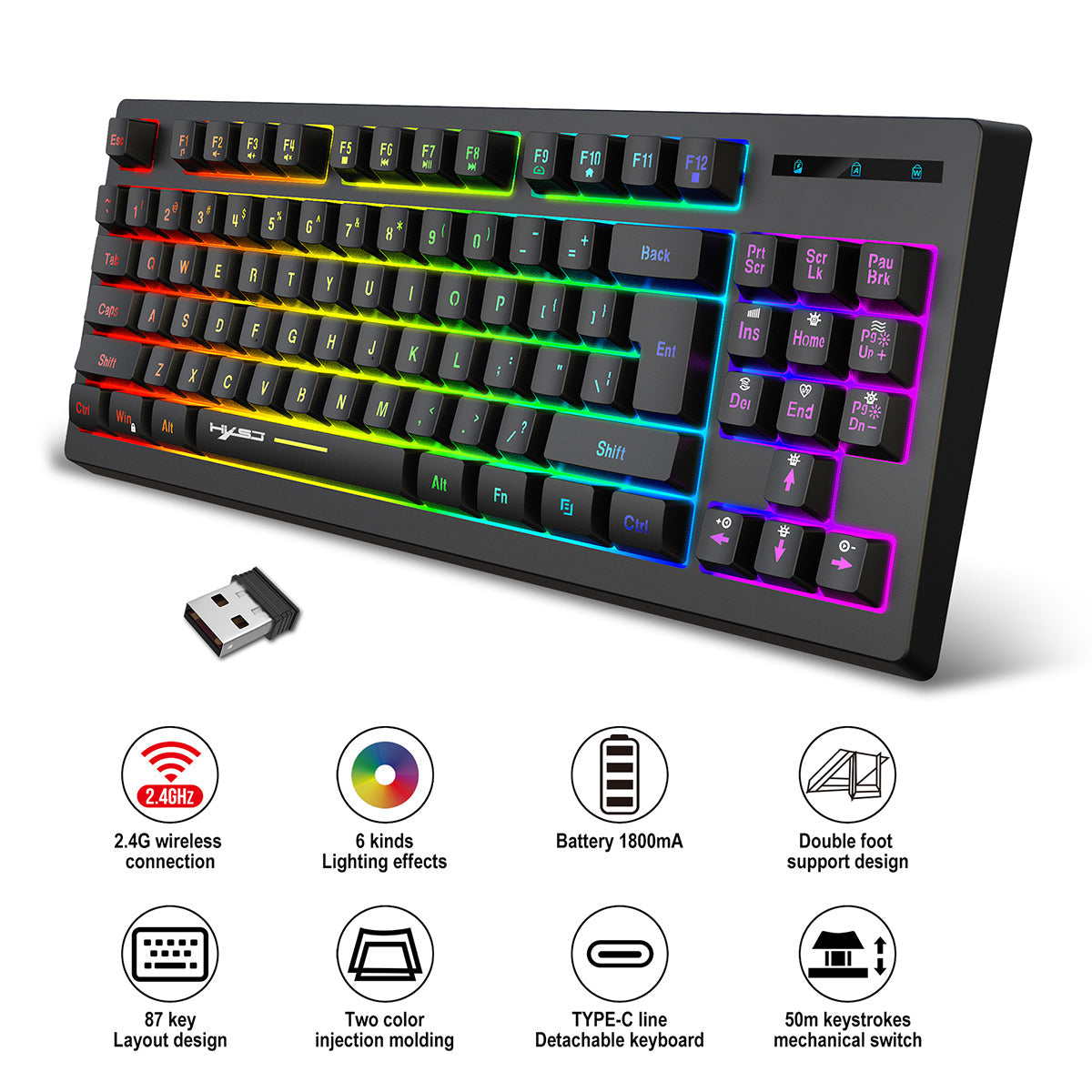 2.4G Wireless Keyboard 87 Keys Multimedia Function RGB Backlit Rechargeable Keyboard for Computer Laptop Home Office