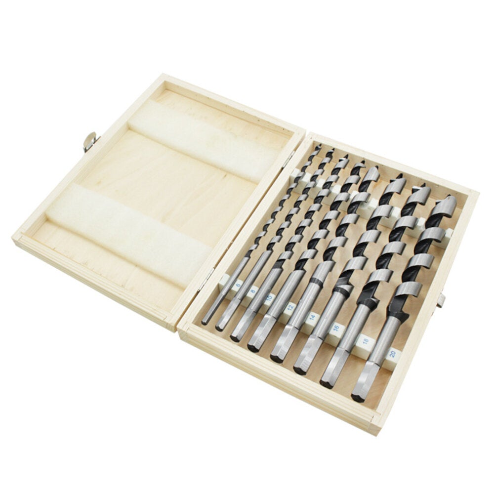 8Pcs 230mm Hexagonal Carbon Steel Auger Bit Set Wooden Case Machined Woodworking Turret Drill Punching Door Lock Reaming Kit