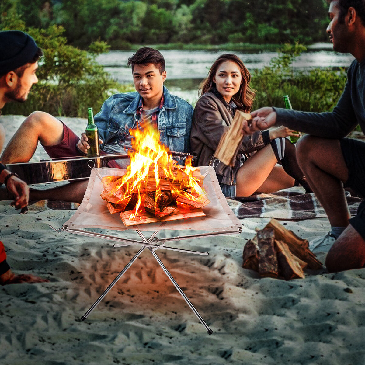 42x42x32cm Portable Fire Pit Outdoor Camping Small Size Collapsing Steel Mesh Fireplace Foldable Camping Backyard Beach Wood Burning Barbecue
