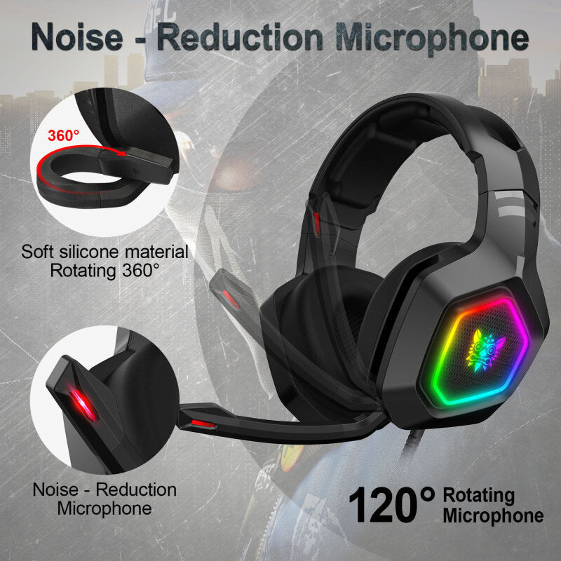 Gaming Headphones 50mm Drivers Unit Noise Reduction RGB Light Wired Headset with Mic