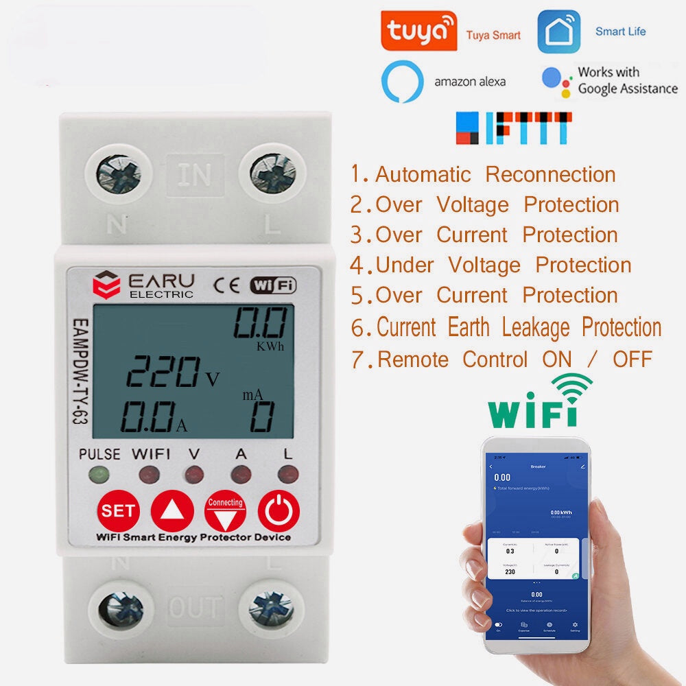 WiFi Smart Circuit Earth Leakage Over Under Voltage Protector Relay Device Switch Breakers Energy Power kWh Meter Works With Alexa Google Home