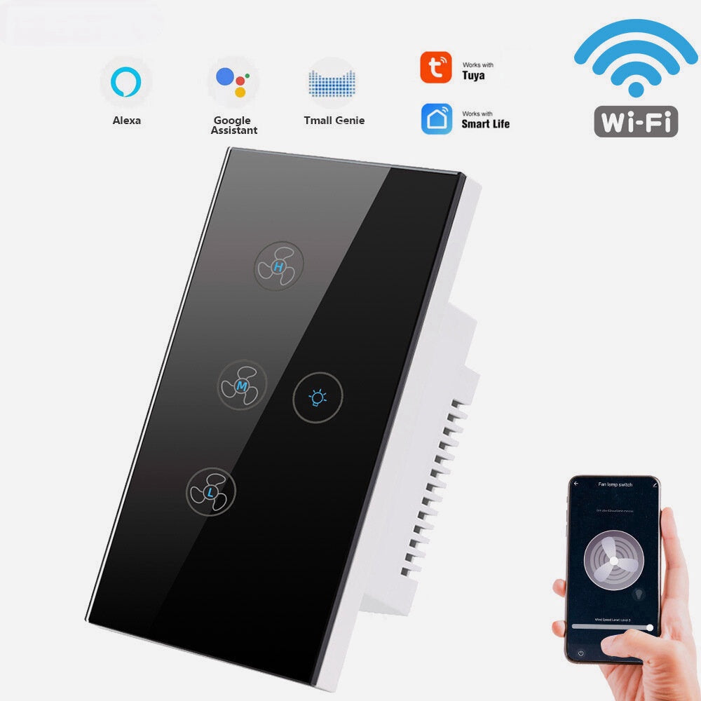 WiFi Touch Ceiling Fan Light Switch US 220V Remote Timer Control Speed Wall Switch with Alexa Google Home