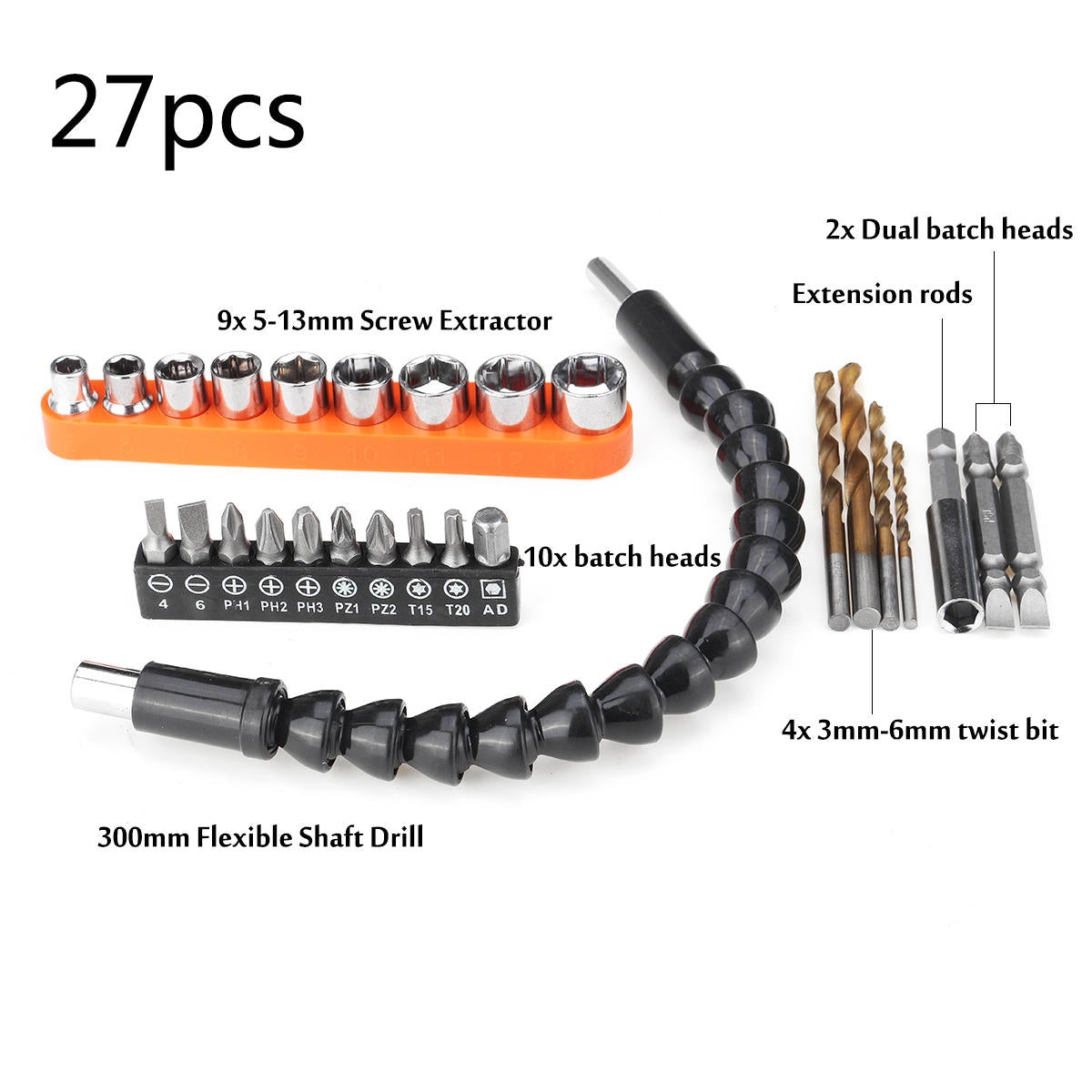 21/23/27pcs Drill Bits Set Batch Heads Flexible Shaft Drill Tools Kit
