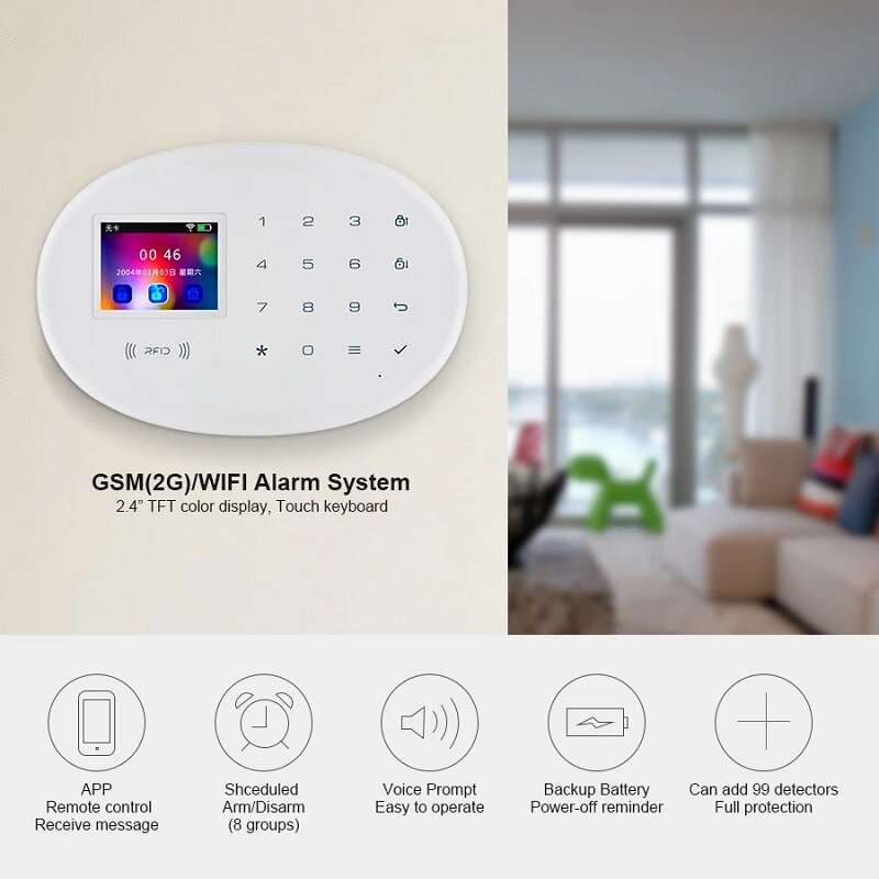 WIFI GSM Smart Home Security Alarm System with 2.4 Inch TFT Touch Panel APP Control Wireless Sensor Burglar Smoke Detector