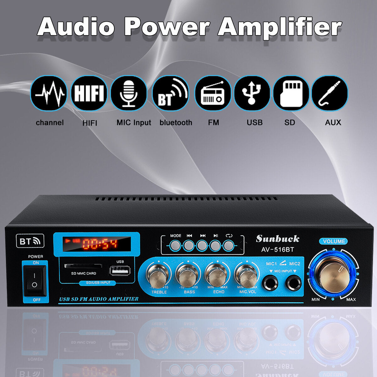 2000W Bluetooth 5.0 Power Amplifier Home Stereo 2 Channel Audio FM DVD AUX
