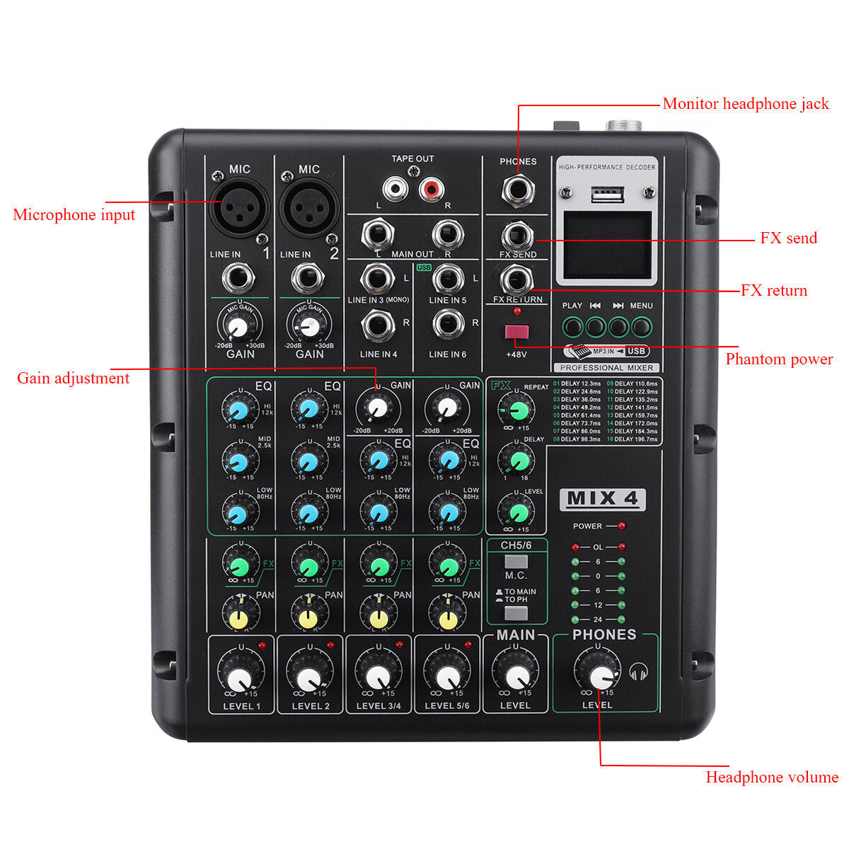 6 Channel Bluetooth DJ HD Mic Audio Mixer Control LED Digital Display Music Stream with USB Interface
