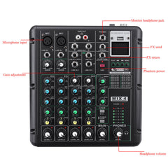 6 Channel Bluetooth DJ HD Mic Audio Mixer Control LED Digital Display Music Stream with USB Interface
