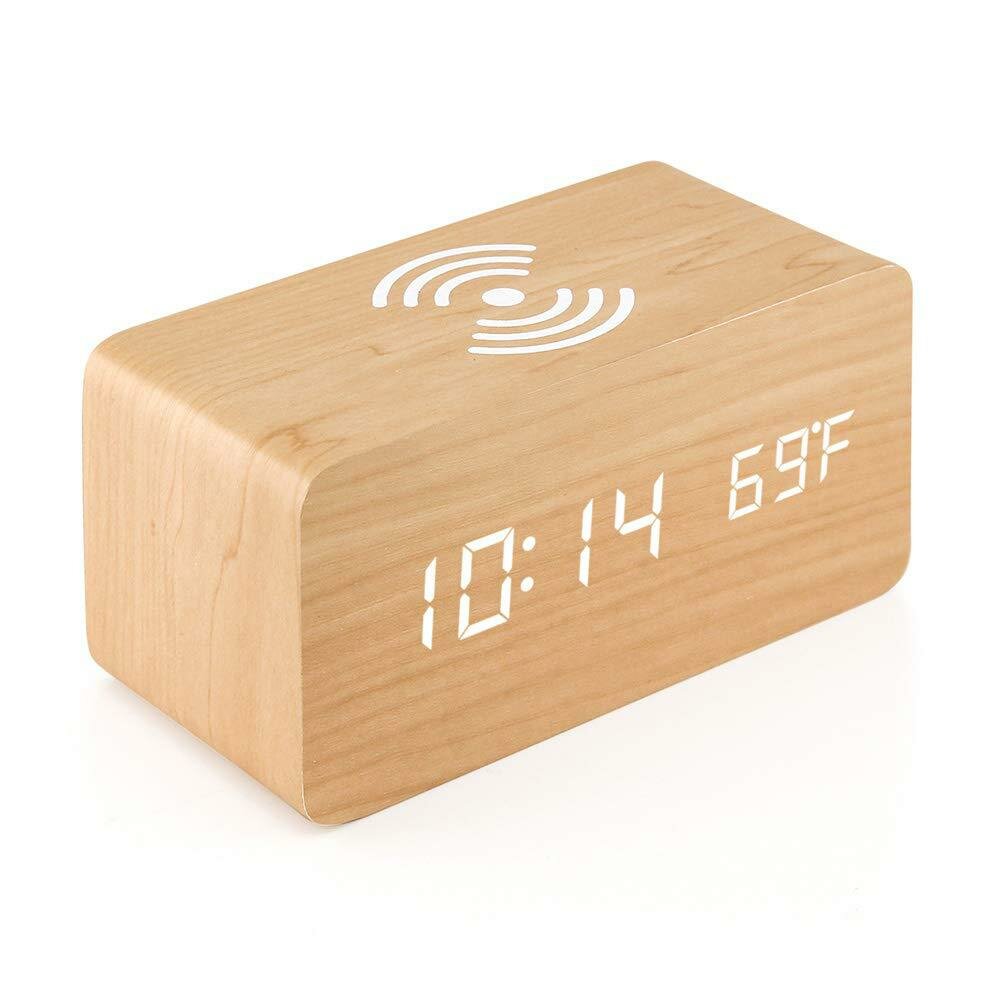 LED Digital Alarm Clock Creative Multi-functional Wireless Charging Wooden Snooze Clock