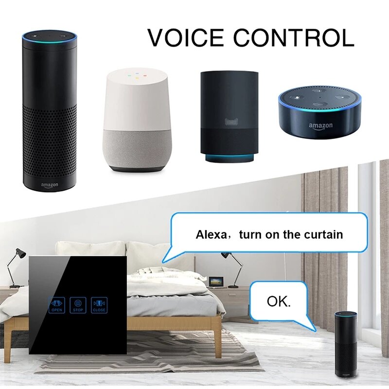 WiFi+RF Curtain Touch Wall Switch Crystal Panel Electric Motorized Blinds Smart Switch Remote Control Works with Alexa Google Home
