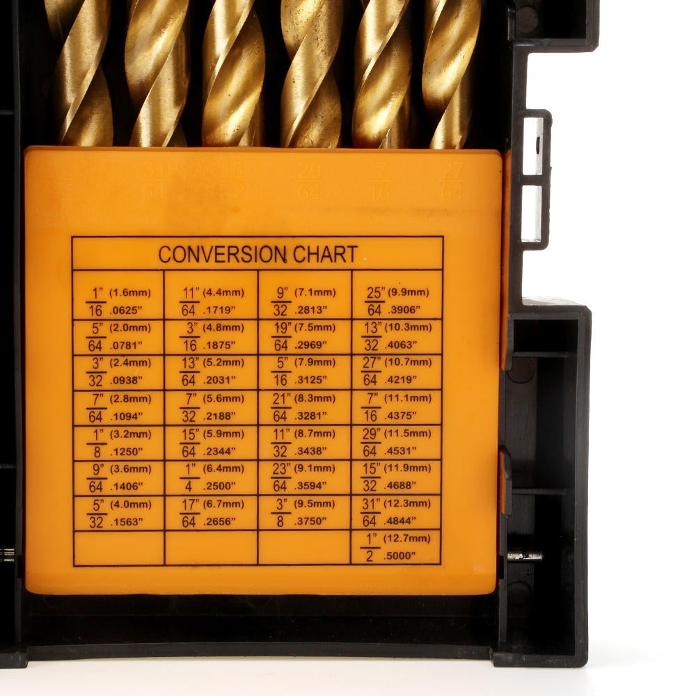 29Pcs 1/16 to 1/2 Inch Titanium Coated HSS Twist Drill Bit Set 118 Degree Point with Plastic Box for Wood Aluminum Copper