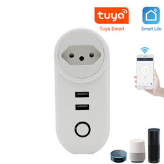 WIFI 16A Smart Brazil Plug With Dual USB Ports Timing BR Socket Tuya APP Wireless Voice Control-BR Plug
