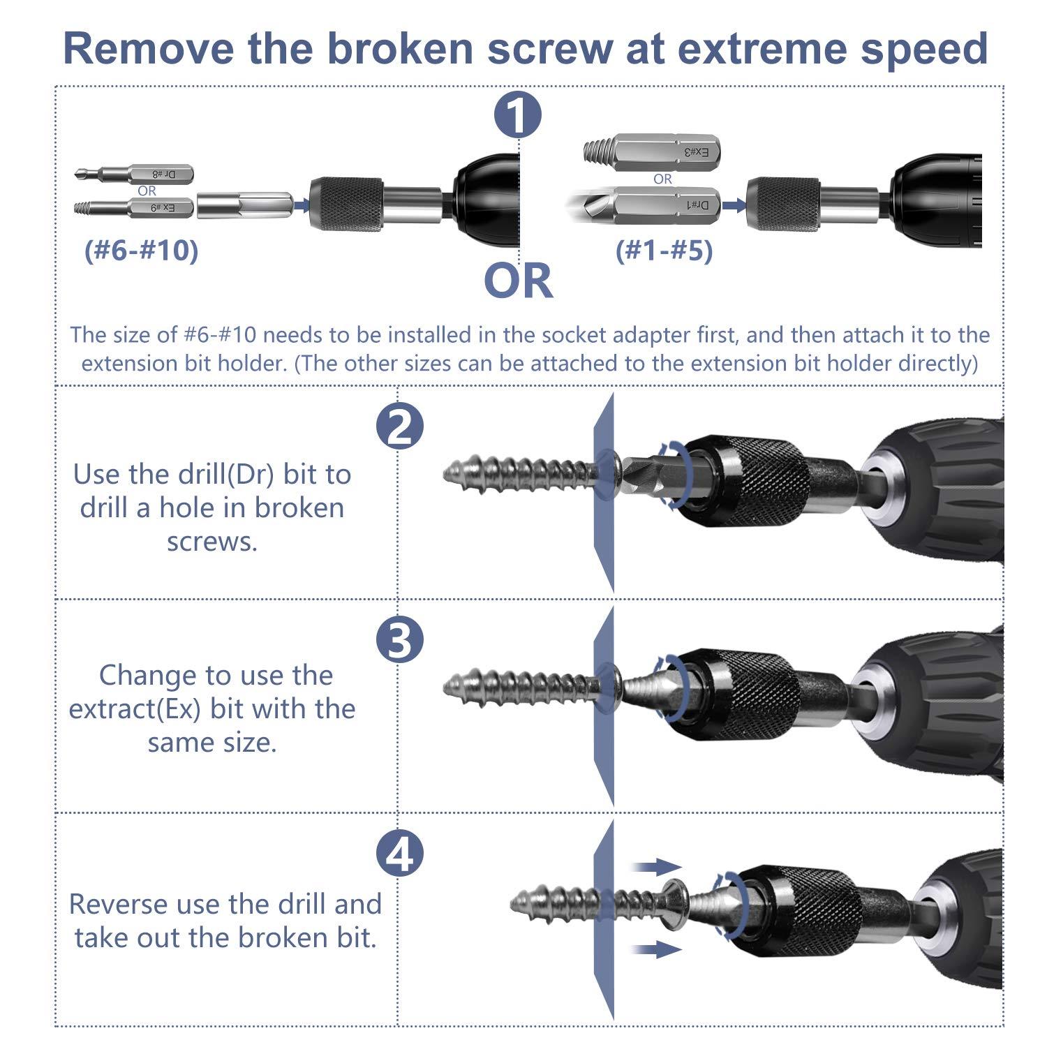 22pcs Damaged Screw Extractor Set with Locking Socket Adapter for Broken Screw HSS Broken Bolt Extractor Screw Remover Kits