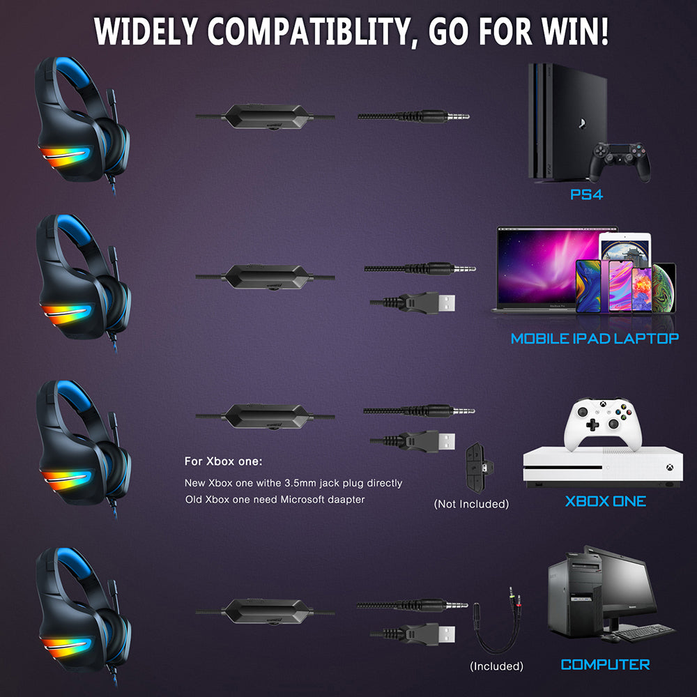 Gaming Headset 50mm Driver Unit RGB Light Noise Reduction Mic 3.5mm USB Port for PS4 PC Xbox One Switch Smartphone