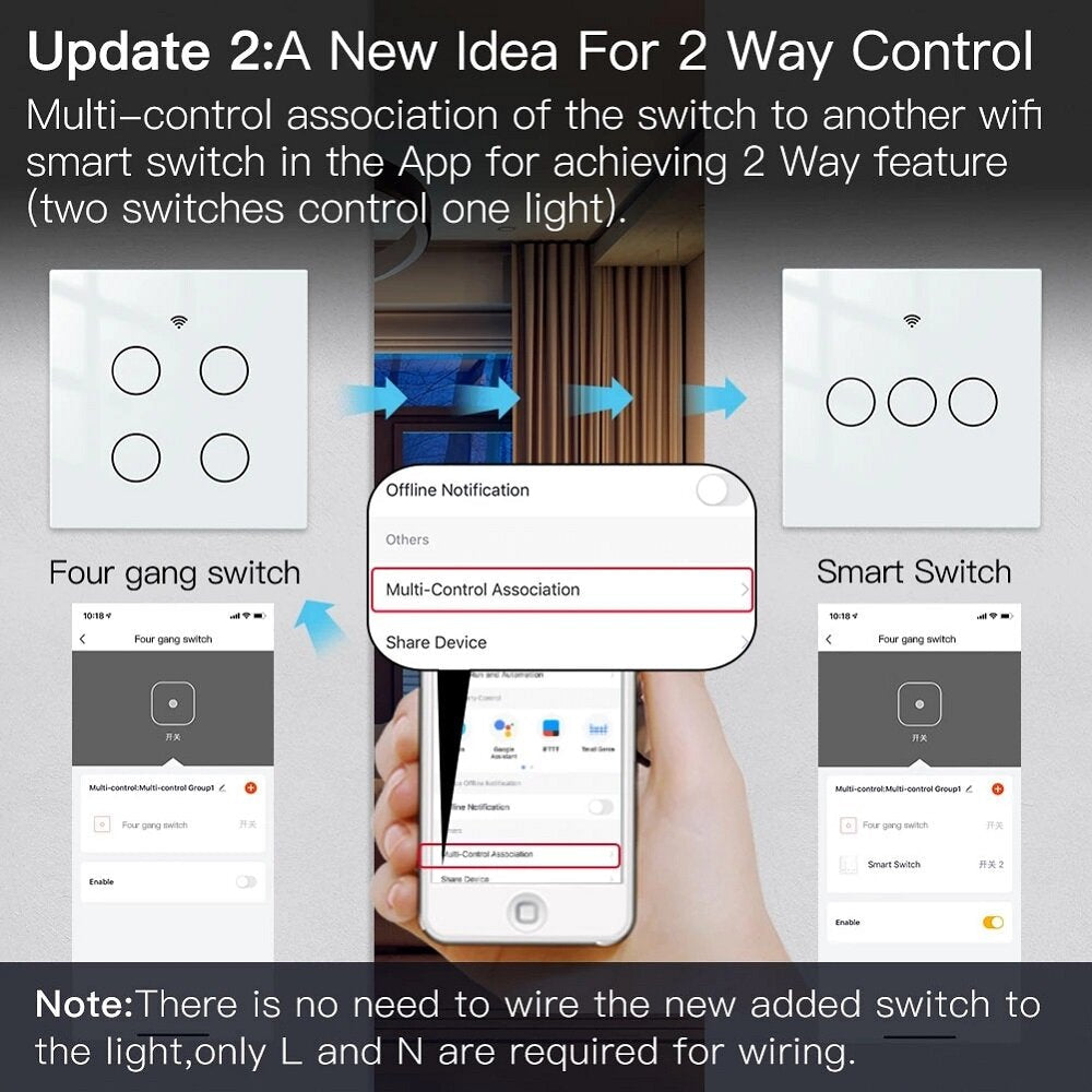WiFi Smart 4 Gang Glass Panel Switch Smart Life/Tuya App Multi-Control Voice Control Works with Alexa Google