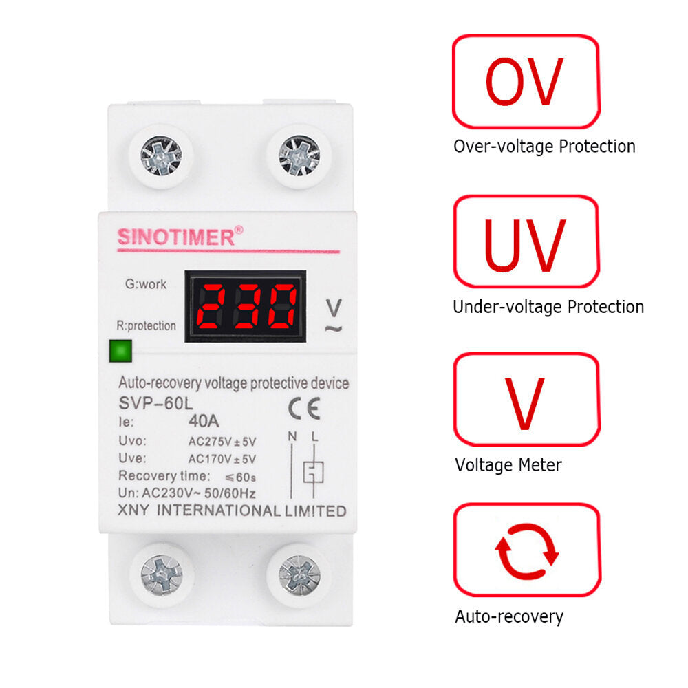 Digital Din Rail Automatic Recovery Over Under Voltage Protector with Voltmeter Display,230V AC 40A