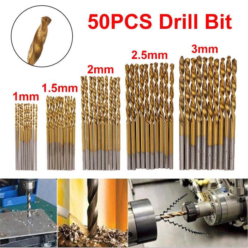 50pcs Titanium Coated High Speed Steel Twist Drill Bit1/1.5/2/2.5/3mm BitWoodworking