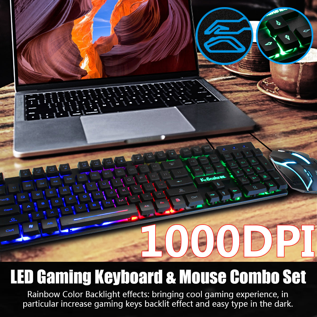 Waterproof 104key LED USB Wired Gaming Keyboard & 1000DPI Mouse Combo Set Multi-Colored Changing Backlight Mouse for Computer Desktop Notebook