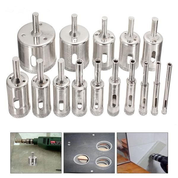 15Pcs 6-50mm Diamond Hole Saw Drill Bit Set 100 Grits Tile Ceramic Glass Marble Bits