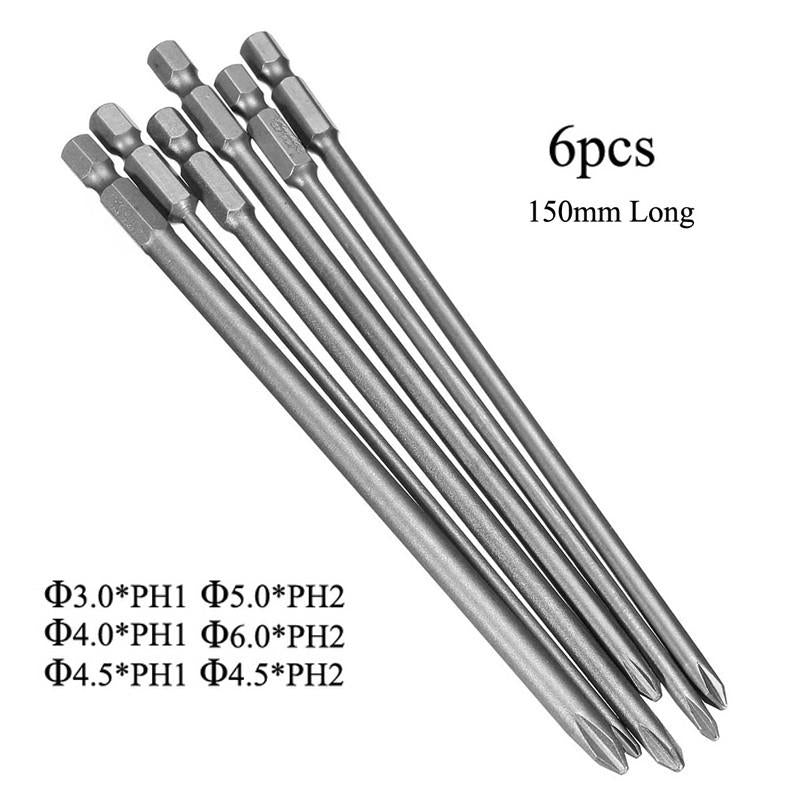 6pcs 150mm Screwdriver Bit 1/4 Inch Magnetic Long Hex Cross Head Screwdriver Bit Set