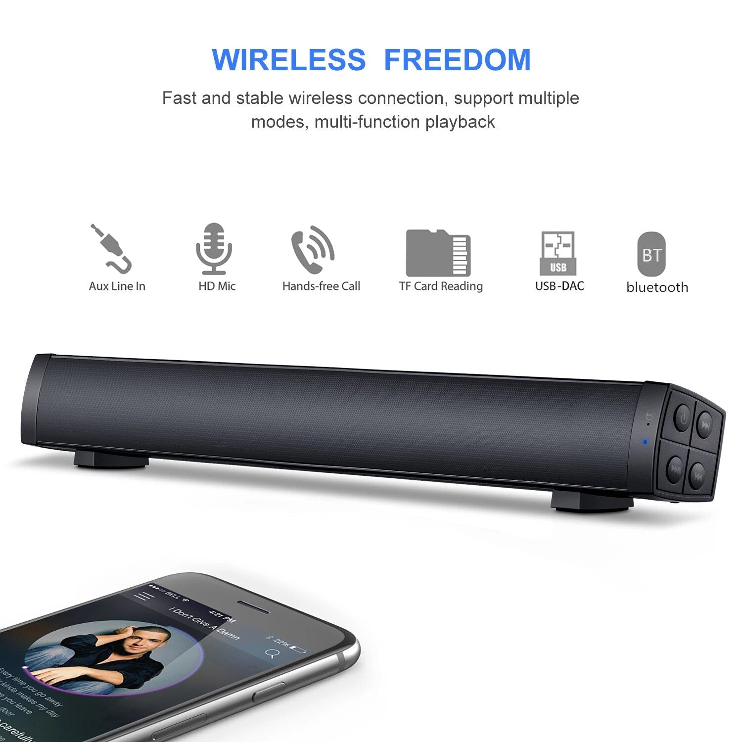 Bluetooth 5.0 Soundbar Wireless Speakers Hi-Fi 3D Stereo Support AUX/TF Card with HD Mic
