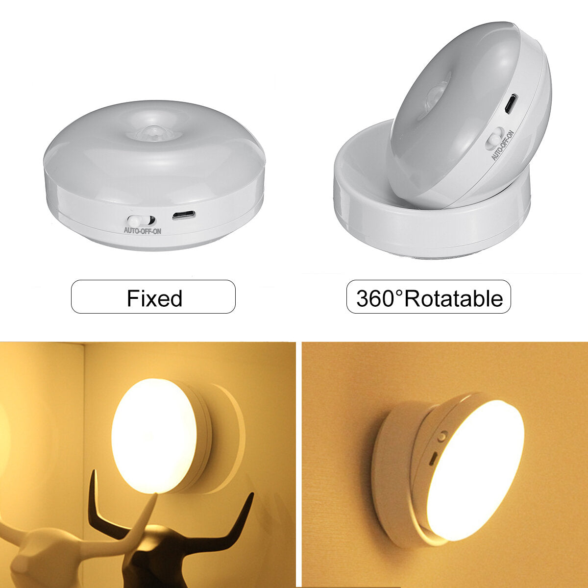 360 Degree Rotation LED Motion Sensor Night Light USB Rechargeable Lamp with Magnetic Base