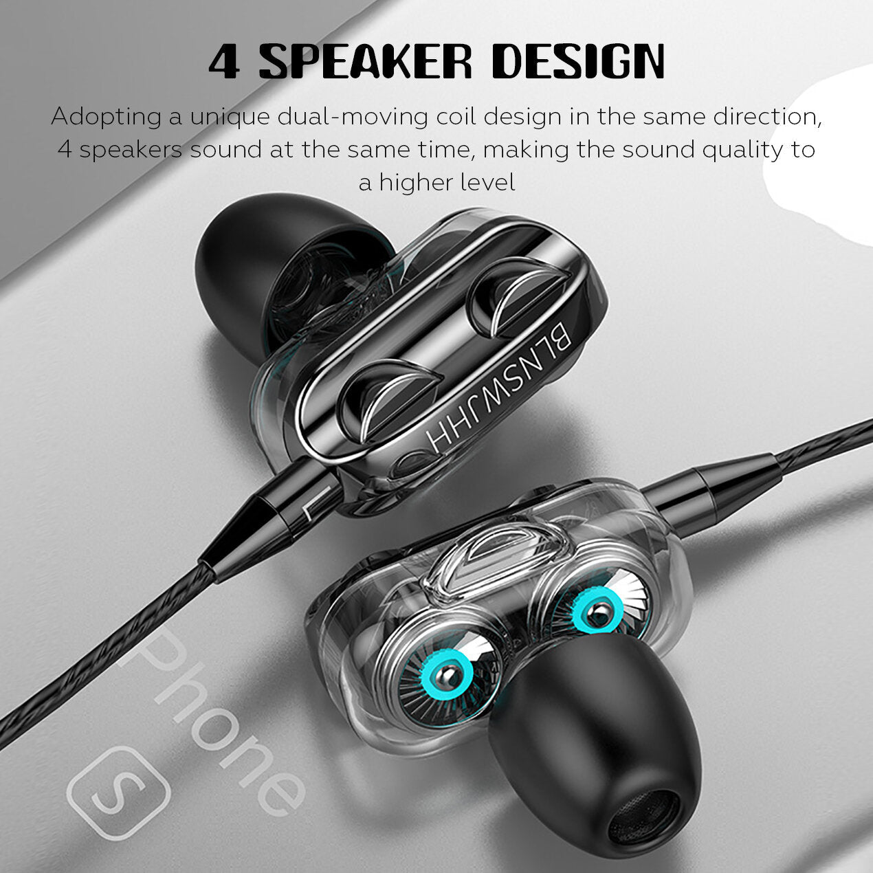 Wired Headphones Dual Dynamic Drivers 4 Speakers Noise Reduction Headset Line-Control In-Ear Earphones