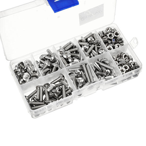 M4SP1 M4 Stainless Steel Phillips Round Head Screws Bolts Nuts Assortment Kit 250Pcs