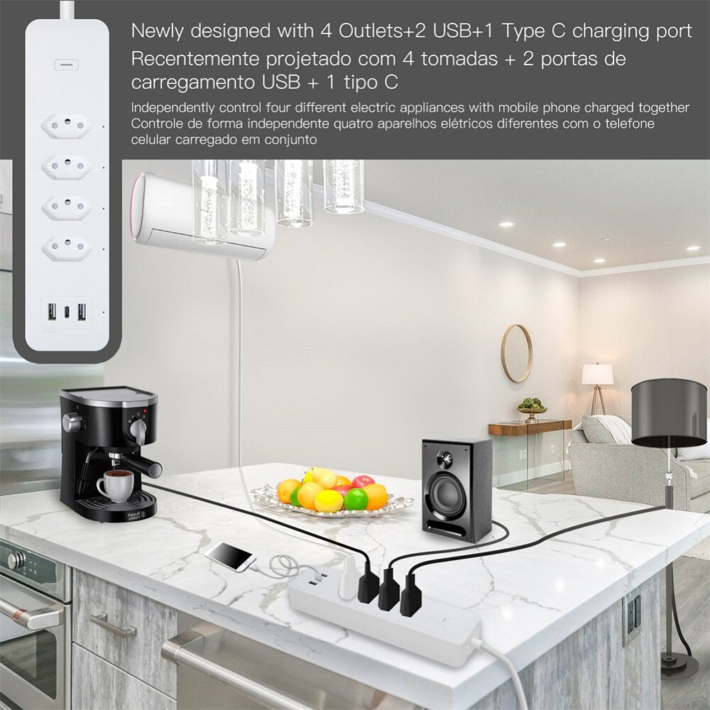 Smart Wifi Brazil Standard Socket 4 Outlets + 2 USB Charging Port + 1 Type-C App Remote Control Works with Alexa Google Home,110-240V