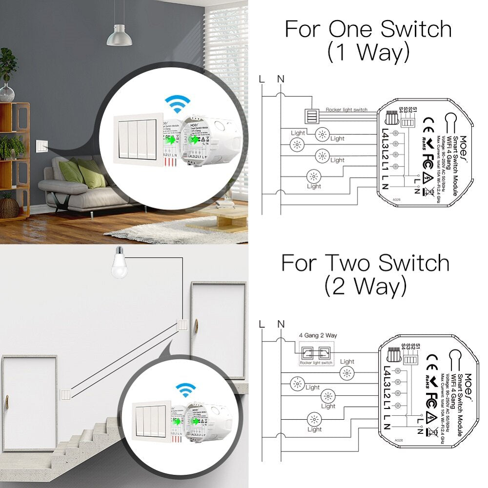 WiFi Smart Light Switch 1/2 Way Wireless Module App Remote Timer Switch On-off Device Works with Alexa Google Home