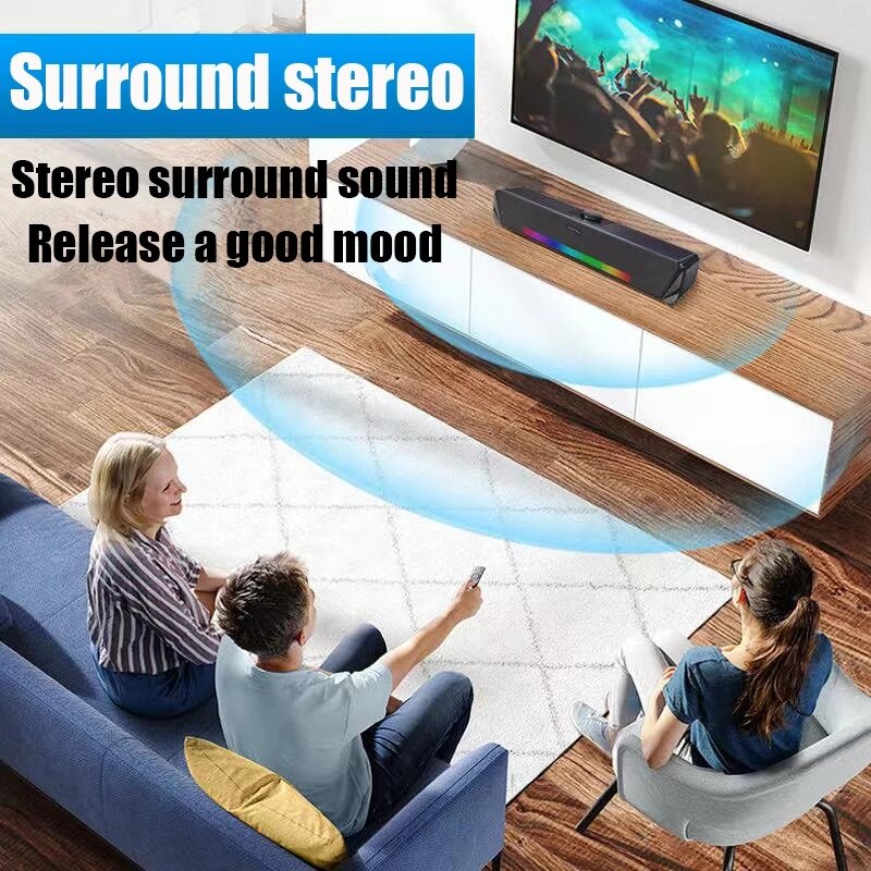Soundbar Bluetooth 5.0 Speaker RGB Light Hi-Fi Stereo Sound Home Desktop Speaker Subwoofer USB Power Supply
